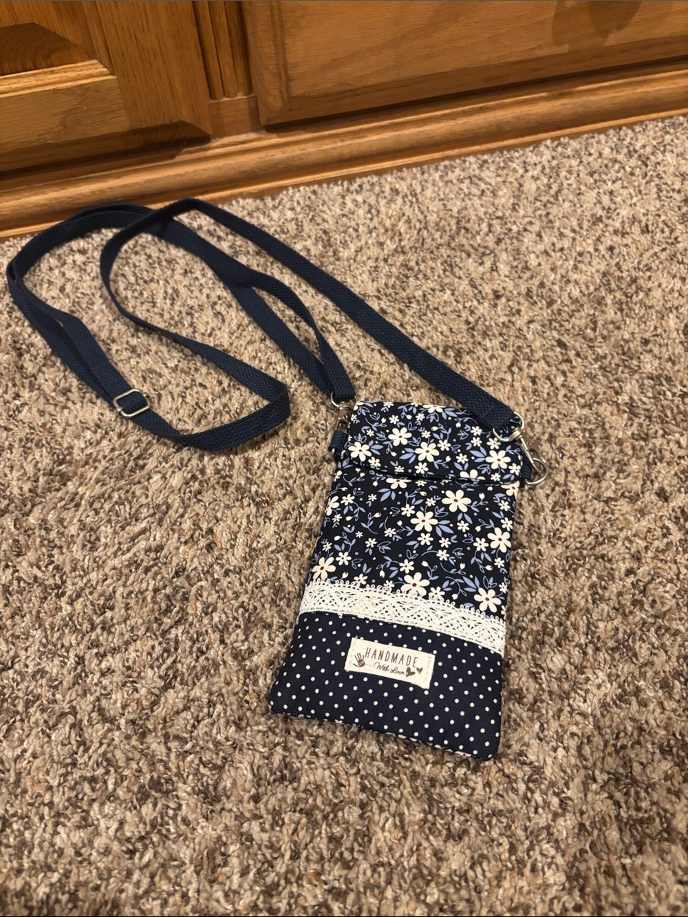 Handmade Navy Floral Crossbody Phone Pouch - Compact Phone Accessory